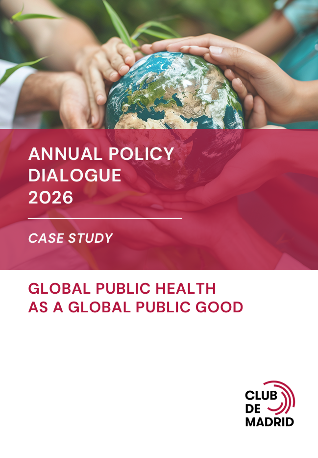 Cover page showing diverse hands around a globe with a pink translucent banner and the title 'Annual Policy Dialogue 2026: Global Public Health as a Global Public Good' (Club de Madrid logo).