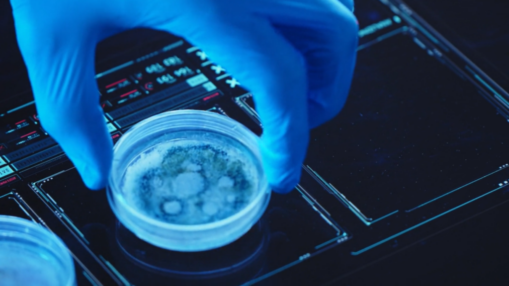 Gloved hand lifting a petri dish with mold growth on agar in a laboratory setting