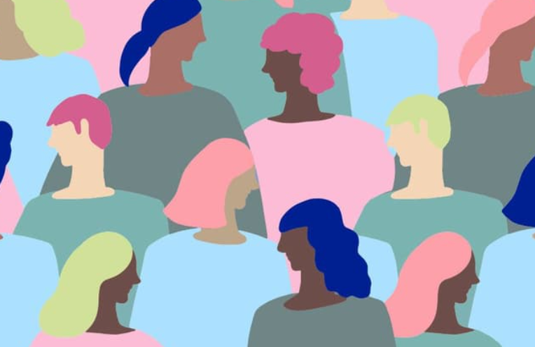 Abstract illustration of a diverse crowd of people facing different directions, representing inclusivity and community.