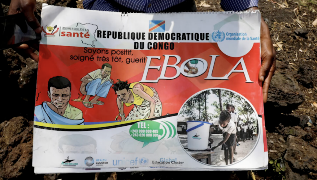 Ebola awareness poster from the Democratic Republic of Congo with cartoons and logos (UNICEF, WHO) in the design and a circular photo of children at a water station at the bottom right.